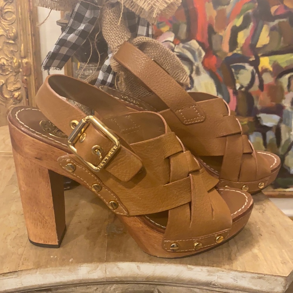 Tory Burch Leather/Wooden Heels with Gold Clasp